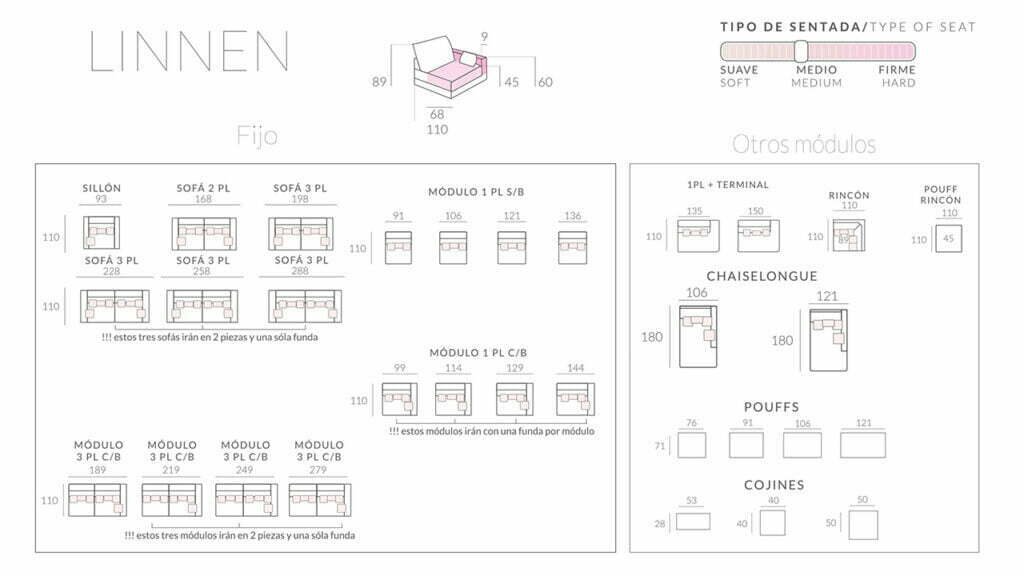 Measurements of the bobbio brand sofa, model linnen at masconfort, sofa with natural fabrics