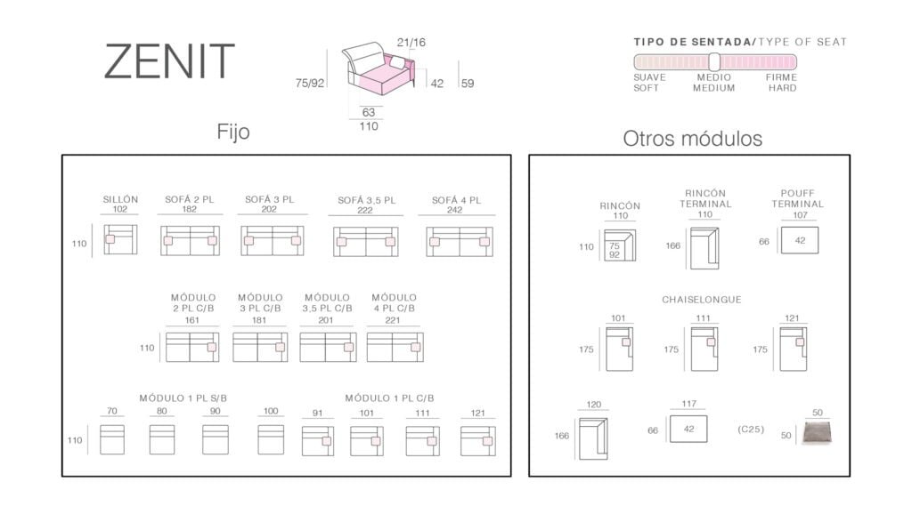measurements of the Bobbio sofa model zenit